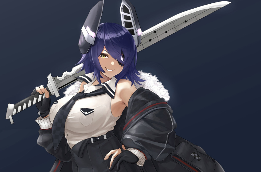 1girl bangs bare_shoulders black_gloves black_jacket black_skirt breast_pocket breasts checkered checkered_neckwear eyepatch gloves grin hand_on_hip headgear high-waist_skirt highres holding holding_sword holding_weapon jacket kantai_collection kibitarou large_breasts necktie off_shoulder open_clothes open_jacket partly_fingerless_gloves pocket purple_hair remodel_(kantai_collection) short_hair simple_background skirt smile solo sword tenryuu_(kantai_collection) upper_body weapon yellow_eyes