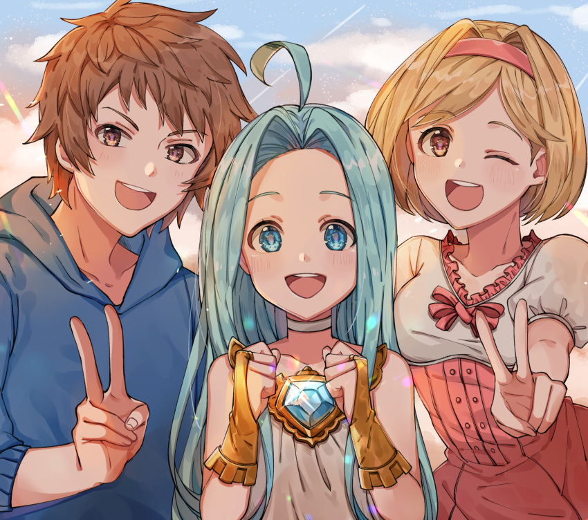 1boy 2girls ;d ahoge blonde_hair blue_hoodie blush breasts brown_eyes brown_hair choker clenched_hands clouds collarbone commentary_request cygames djeeta_(granblue_fantasy) female_protagonist_(granblue_fantasy) glint gran_(granblue_fantasy) granblue_fantasy gyoju_(only_arme_nim) hairband highres hood hoodie long_hair looking_at_viewer lyria_(granblue_fantasy) male_protagonist_(granblue_fantasy) medium_breasts multiple_girls one_eye_closed open_mouth outstretched_arms puffy_short_sleeves puffy_sleeves short_hair short_sleeves sky smile sparkle v v-shaped_eyebrows