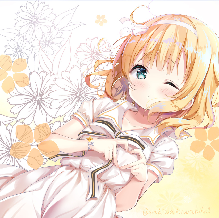 1girl ;( absurdres bangs beige_background blonde_hair blue_eyes blush bow closed_mouth collarbone commentary_request dress dutch_angle eyebrows_visible_through_hair fingernails floral_background gochuumon_wa_usagi_desu_ka? gradient gradient_background heart heart_hands highres kirima_sharo light_frown looking_at_viewer neki_(wakiko) puffy_short_sleeves puffy_sleeves short_sleeves solo striped striped_bow twitter_username white_background white_bow white_dress