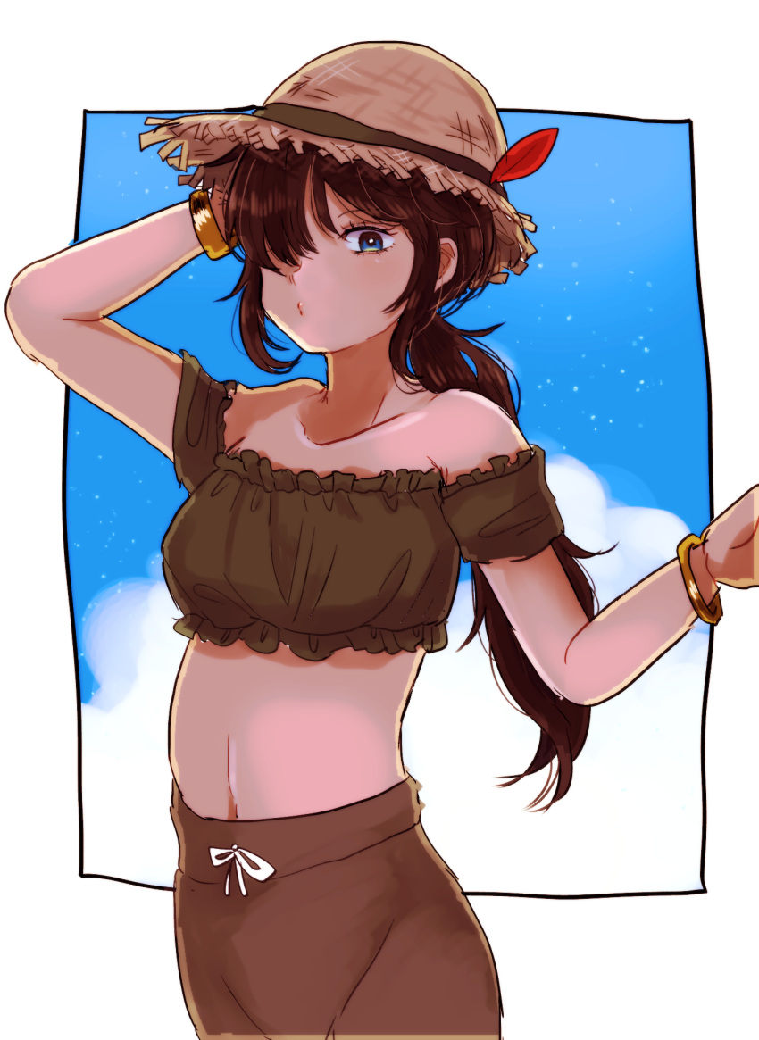 1girl arai_ako bangs black_border black_eyes black_hair blue_shirt blue_sky border bracelet brown_headwear brown_skirt clouds cloudy_sky commentary crop_top dark_skin day eyebrows_visible_through_hair frilled_shirt frills girls_und_panzer hair_over_one_eye hand_on_head hat hat_feather highres jewelry long_hair looking_at_viewer midriff navel off-shoulder_shirt off_shoulder ogin_(girls_und_panzer) outside_border pencil_skirt ponytail shirt skirt sky solo standing straw_hat upper_body