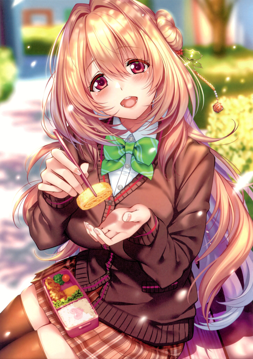 1girl absurdres bangs blonde_hair blurry blurry_background blush bow buttons chopsticks day eyebrows_visible_through_hair fingernails food highres long_sleeves looking_at_viewer obentou original outdoors piromizu red_eyes scan school_uniform sitting skirt smile striped sweater thigh-highs zettai_ryouiki