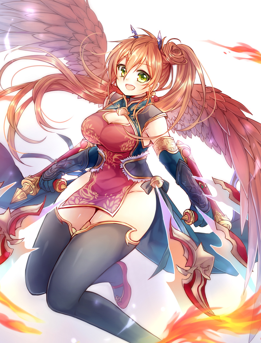 1girl absurdres bell bird_wings black_legwear china_dress chinese_clothes cleavage_cutout dress elbow_gloves fire gloves green_eyes hair_ornament highres jingle_bell kanataww leilan_(p&amp;d) open_mouth puzzle_&amp;_dragons red_footwear redhead side_ponytail thigh-highs weapon wings