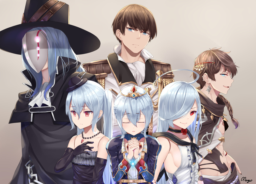 3boys 3girls absurdres adam_(granblue_fantasy) ahoge artist_name black_gloves black_headwear blue_eyes blue_hair braid breasts brown_hair choker closed_eyes closed_mouth collarbone commentary earrings elbow_gloves english_commentary epaulettes eyebrows_visible_through_hair gloves gradient gradient_background granblue_fantasy hair_between_eyes hair_over_one_eye hair_over_shoulder hands_clasped hat head_tilt highres jewelry lloyd_(granblue_fantasy) loki_(granblue_fantasy) long_hair looking_at_viewer low_ponytail mask medium_breasts mengo mini_hat multiple_boys multiple_girls necklace orchis own_hands_together parted_lips profile queen_orchis red_eyes short_hair sideboob signature tiara top_hat twintails v-shaped_eyebrows zwei_(granblue_fantasy)