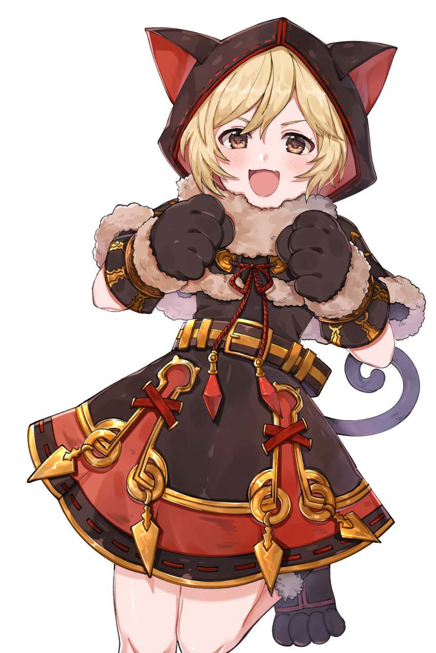 1girl absurdres animal_hood black_dress blonde_hair blush brown_eyes capelet cat_hood cat_tail clenched_hands commentary_request djeeta_(granblue_fantasy) dress fang fur_trim granblue_fantasy gyoju_(only_arme_nim) hair_between_eyes highres hood kuronekodoushi leg_up looking_at_viewer short_hair solo standing standing_on_one_leg tail v-shaped_eyebrows white_background