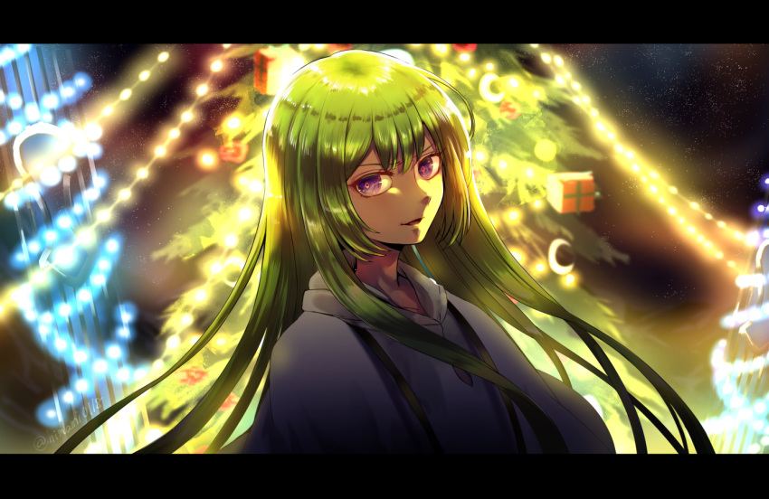 1other bangs character_request christmas_tree commentary_request crescent crescent_moon_pin fate/grand_order fate_(series) green_hair long_hair night night_sky outdoors shirt sky solo upper_body violet_eyes white_shirt zassou_(ukjpn)