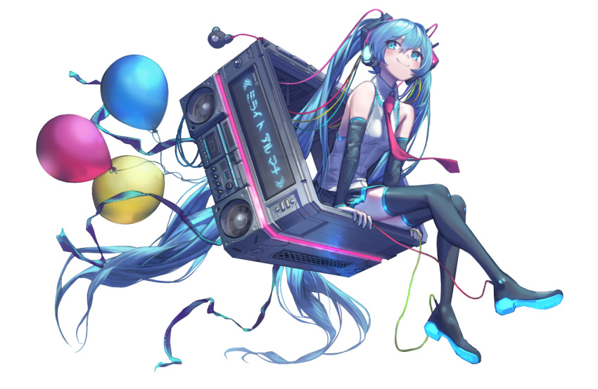 1girl absurdly_long_hair aqua_eyes aqua_hair arm_support balloon bare_shoulders black_legwear black_skirt blush boots cable commentary detached_sleeves dial floating floating_object gesoking06 grey_shirt hair_ornament hatsune_miku headphones long_hair looking_to_the_side machine necktie neon_trim pushbutton red_neckwear shirt sitting skirt sleeveless sleeveless_shirt smile solo speaker square streamers thigh-highs thigh_boots twintails very_long_hair vocaloid white_background zettai_ryouiki