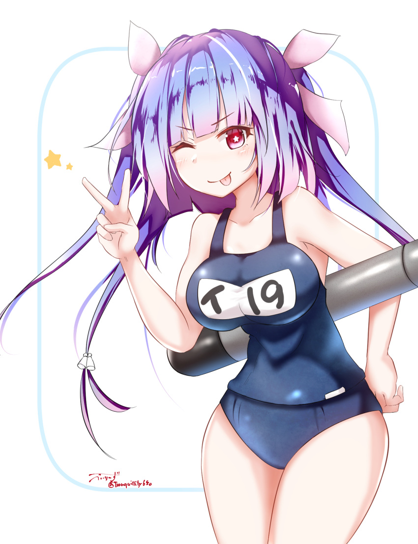 1girl artist_name baileys_(tranquillity650) blue_hair blush breasts collarbone hair_ribbon highres i-19_(kantai_collection) kantai_collection large_breasts long_hair name_tag old_school_swimsuit one-piece_swimsuit one_eye_closed pink_ribbon red_eyes ribbon school_swimsuit signature smile solo star star-shaped_pupils swimsuit symbol-shaped_pupils tongue tongue_out torpedo tri_tails twitter_username v v-shaped_eyebrows