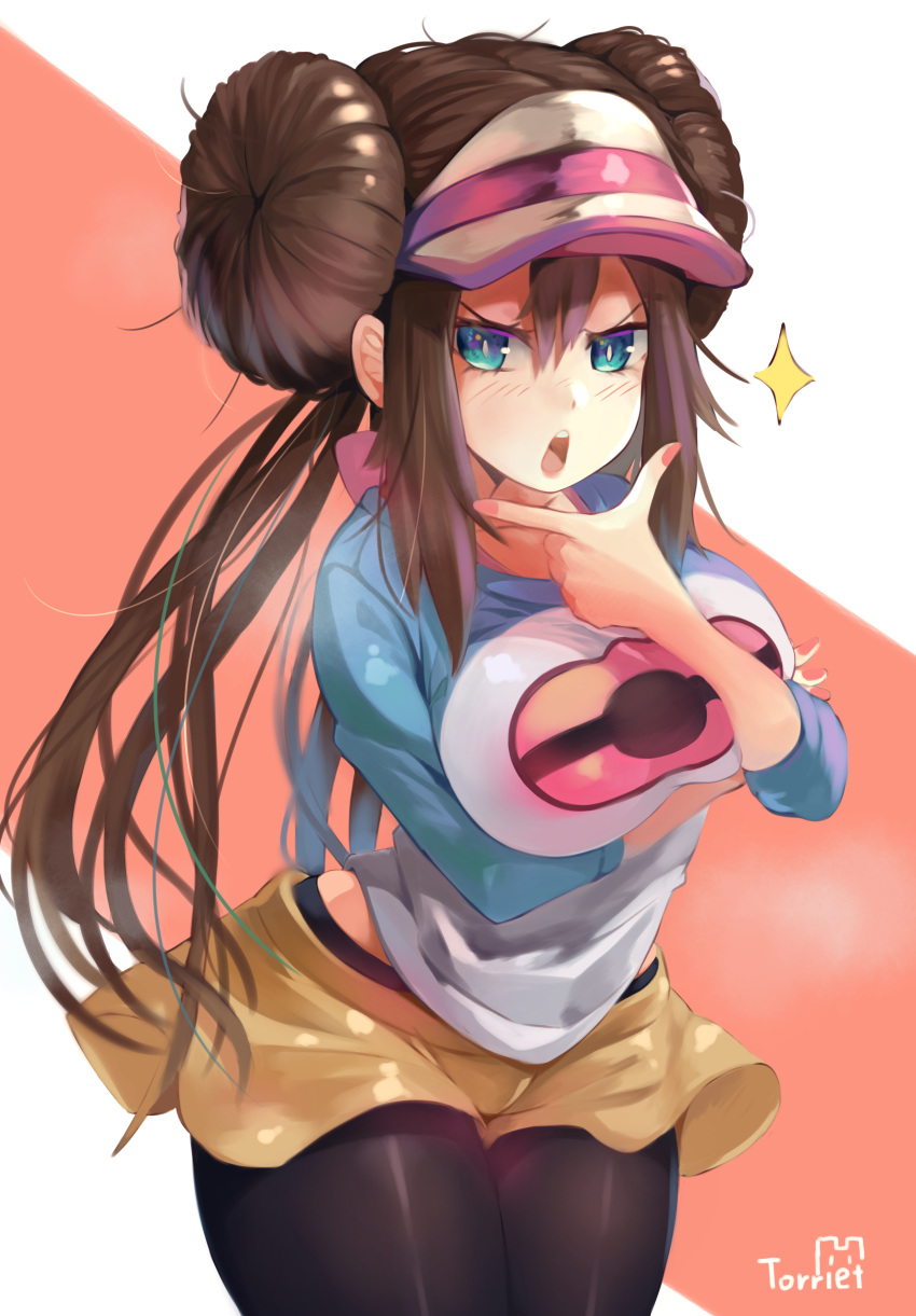 1girl absurdres black_legwear blue_eyes blush breasts brown_hair chin_stroking commentary_request double_bun highres korean_commentary large_breasts long_fingers long_hair looking_at_viewer mei_(pokemon) open_mouth pantyhose pink_nails pokemon pokemon_(game) pokemon_bw2 pokemon_masters revision shorts solo thinking torieto twintails visor_cap yellow_shorts