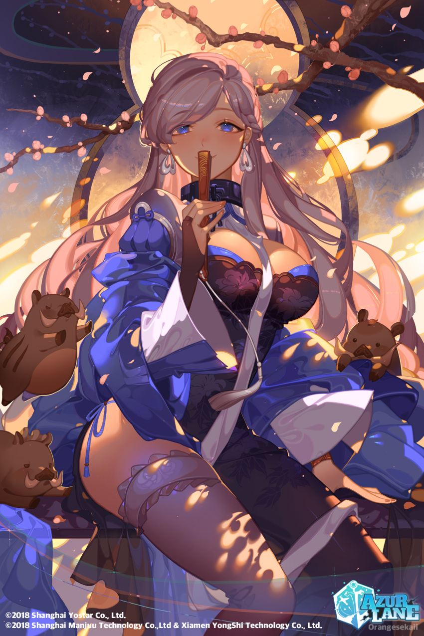 1girl alternate_costume azur_lane belfast_(azur_lane) belfast_(iridescent_rose)_(azur_lane) blue_eyes blue_panties blush braid breasts chain china_dress chinese_clothes collar dress earrings eyebrows_visible_through_hair fan folding_fan highres holding holding_fan jewelry large_breasts logo long_hair looking_at_viewer official_art orange_sekaii panties side-tie_panties silver_hair sitting smile solo thigh-highs underwear watermark white_legwear