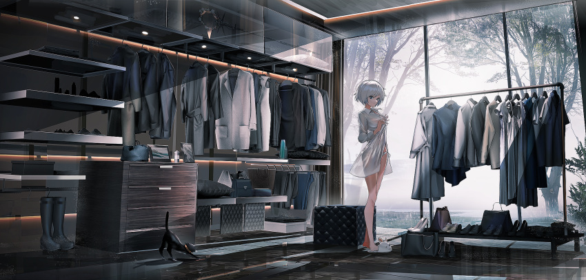 1girl animal animal_slippers bag bangs black_cat black_eyes black_footwear black_jacket blue_dress boots breasts brown_jacket bunny_slippers cat clothes_hanger collared_shirt commentary day dress dress_shirt handbag highres indoors jacket looking_at_viewer original panties pillow rain reflection see-through shirt shoes short_hair silver_hair sleeveless sleeveless_dress slippers small_breasts solo staff standing swav tree underwear white_dress white_footwear white_jacket white_panties white_shirt window