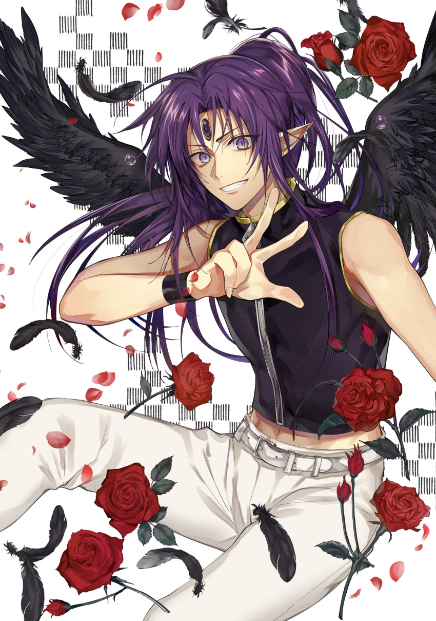 1boy access_time belt black_feathers black_wings flower forehead_jewel highres kamikaze_kaitou_jeanne long_hair looking_at_viewer male_focus open_mouth pants petals pointy_ears ponytail purple_hair rose simple_background solo tcb teeth violet_eyes white_pants wings wristband