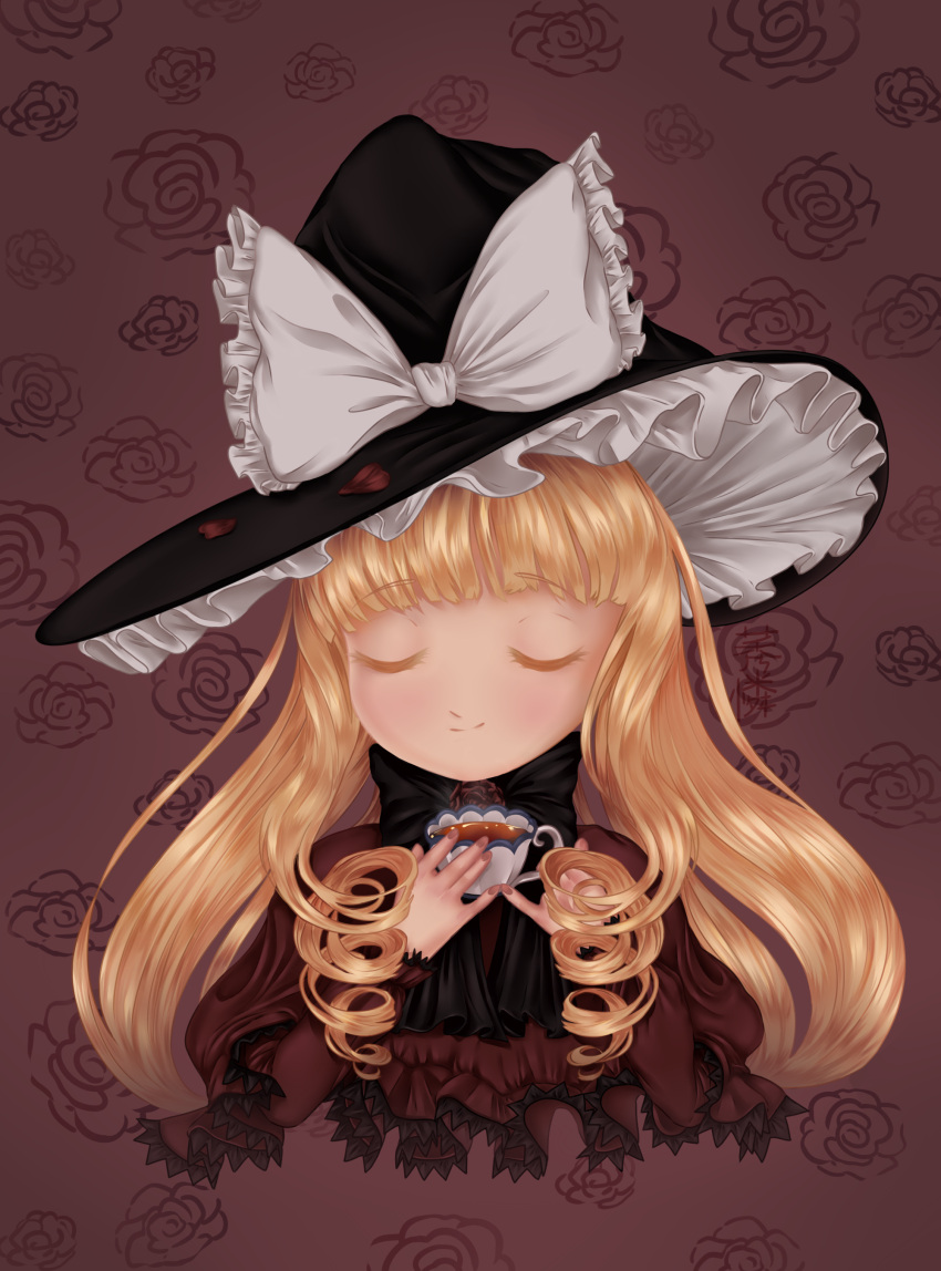 1girl bangs blonde_hair blush bow bowtie closed_eyes closed_mouth crossover drill_hair eyebrows_visible_through_hair hands_up long_hair petals red_dress ringlets rose rose_petals rozen_maiden shinku smile solo teacup touhou twin_drills upper_body witch_hat yuurenkyouko
