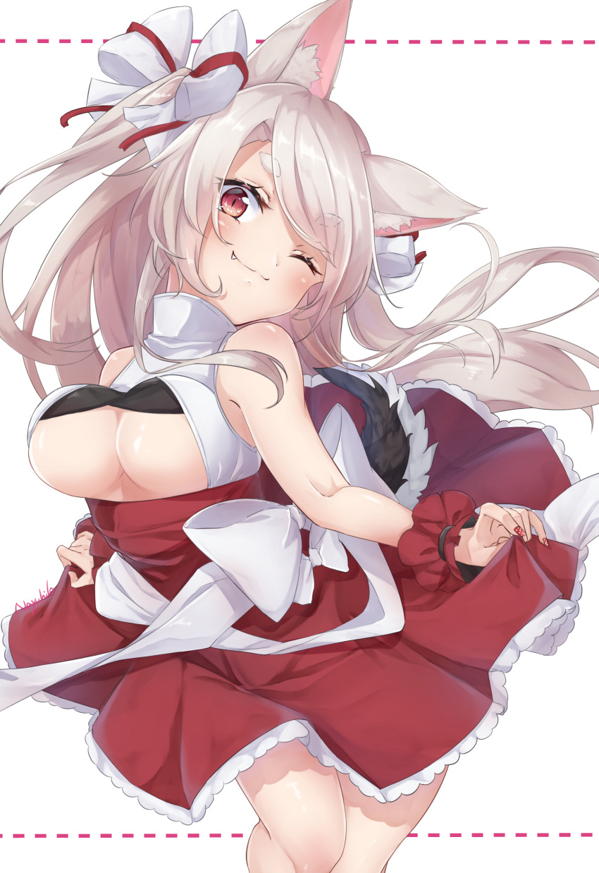 1girl ;3 absurdres animal_ear_fluff animal_ears azur_lane bare_shoulders bow breasts closed_mouth commentary_request dog_ears eyebrows_visible_through_hair fang hair_bow high-waist_skirt highres long_hair looking_at_viewer medium_breasts nail_art nail_polish nayuta_hilo red_eyes red_skirt scrunchie shirt silver_hair skirt sleeveless sleeveless_shirt smile solo standing thick_eyebrows two_side_up under_boob white_bow white_shirt wrist_scrunchie yuudachi_(azur_lane) yuudachi_(shogun_of_snowballs)_(azur_lane)