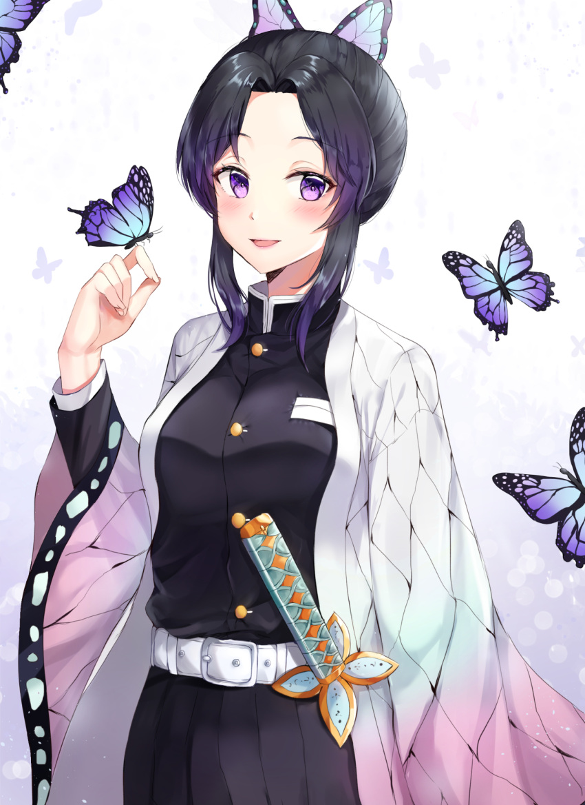 1girl :d animal animal_on_hand bangs belt belt_buckle black_hair black_jacket black_skirt blue_butterfly blush breasts buckle butterfly_hair_ornament butterfly_on_finger commentary_request fingernails forehead gradient_hair hair_ornament hand_up highres jacket katana kimetsu_no_yaiba kochou_shinobu kubong long_sleeves looking_at_viewer medium_breasts multicolored_hair open_clothes open_mouth parted_bangs pleated_skirt purple_hair skirt smile solo sword violet_eyes weapon white_belt wide_sleeves