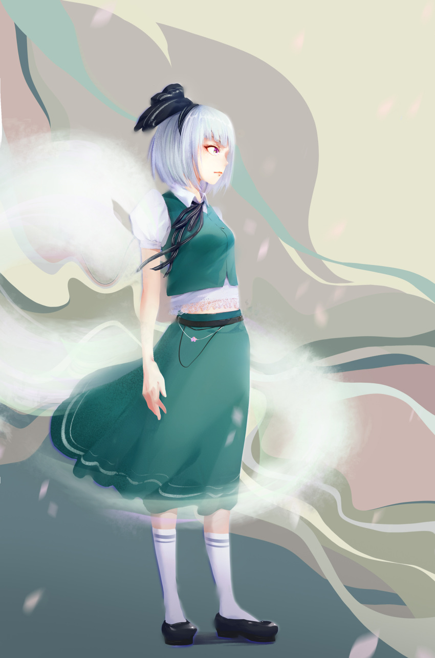 1girl absurdres bangs belt black_belt black_footwear black_hairband black_neckwear black_ribbon bob_cut breasts chinese_commentary commentary_request from_side full_body green_skirt green_vest grey_background hair_ribbon hairband highres hitodama kneehighs konpaku_youmu konpaku_youmu_(ghost) lace_trim midriff_peek neck_ribbon petals profile puffy_short_sleeves puffy_sleeves ribbon shiguang_jijun shirt shoes short_hair short_sleeves silver_hair skirt skirt_set small_breasts solo standing touhou vest violet_eyes white_legwear white_shirt