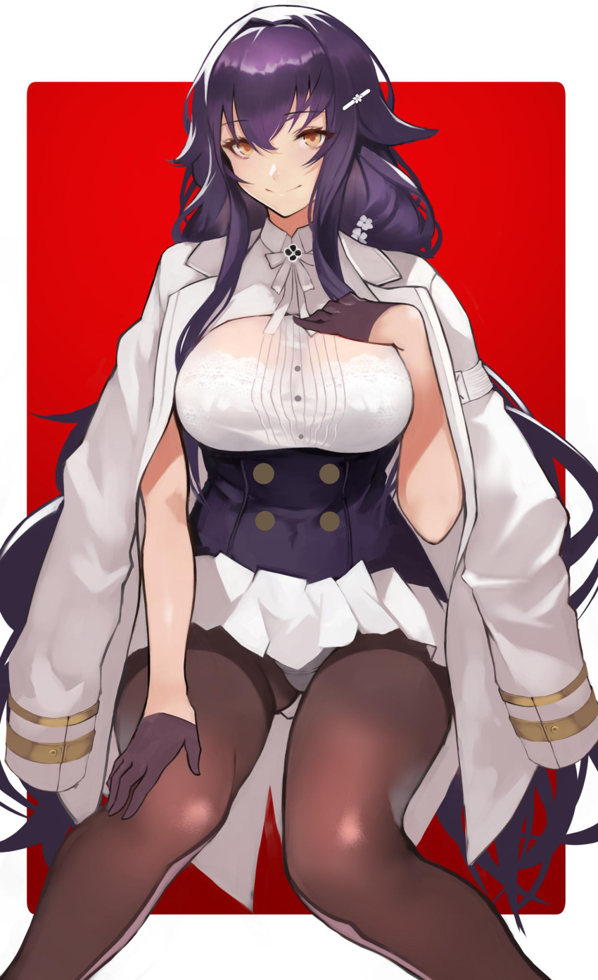 1girl 55level absurdres azuma_(azur_lane) azur_lane bangs black_gloves black_hair black_legwear blush breasts brown_eyes closed_mouth eyebrows_visible_through_hair gloves hair_between_eyes hair_ornament hairclip hand_on_own_chest highres large_breasts long_hair looking_at_viewer panties pantyhose sidelocks simple_background sitting skirt smile solo underwear white_panties