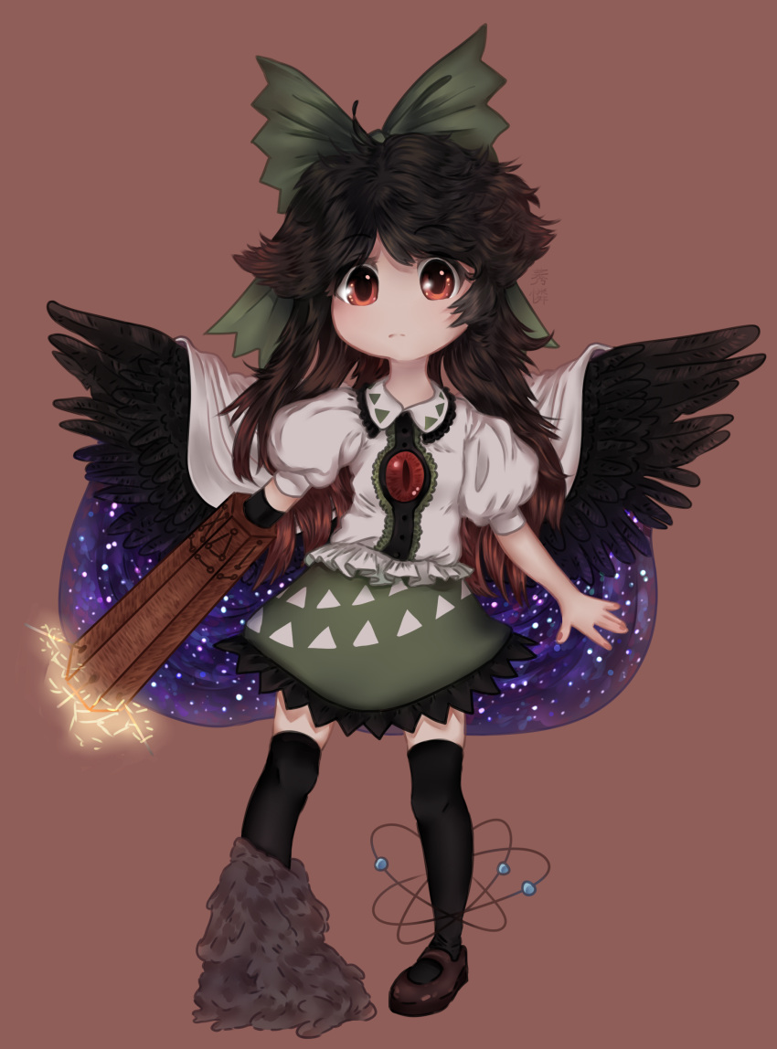 1girl arm_cannon atom bangs bird_wings bow brown_hair cape feathered_wings frills full_body green_bow green_skirt long_hair looking_at_viewer puffy_short_sleeves puffy_sleeves red_eyes reiuji_utsuho skirt solo thigh-highs third_eye touhou weapon white_cape white_shirt wings yuurenkyouko