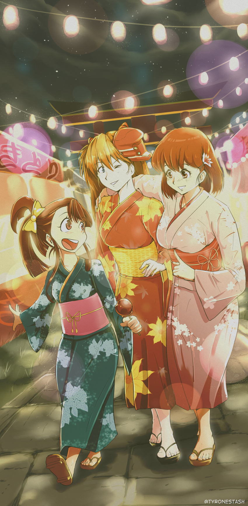 3girls :d alternate_hairstyle arm_over_shoulder artist_name blue_eyes candy_apple crossover english_commentary festival food full_body green_kimono hand_on_another's_shoulder high_ponytail highres holding holding_candy holding_food japanese_clothes kagari_atsuko kimono lantern lens_flare little_witch_academia looking_at_another multiple_girls neon_genesis_evangelion night night_sky one_eye_closed open_mouth outdoors pink_kimono ponytail red_eyes red_kimono ribbon sandals sash signature sky smile souryuu_asuka_langley stand star_(sky) starry_sky takaya_noriko top_wo_nerae! torii twitter_username tyrone walking watermark yellow_ribbon zouri