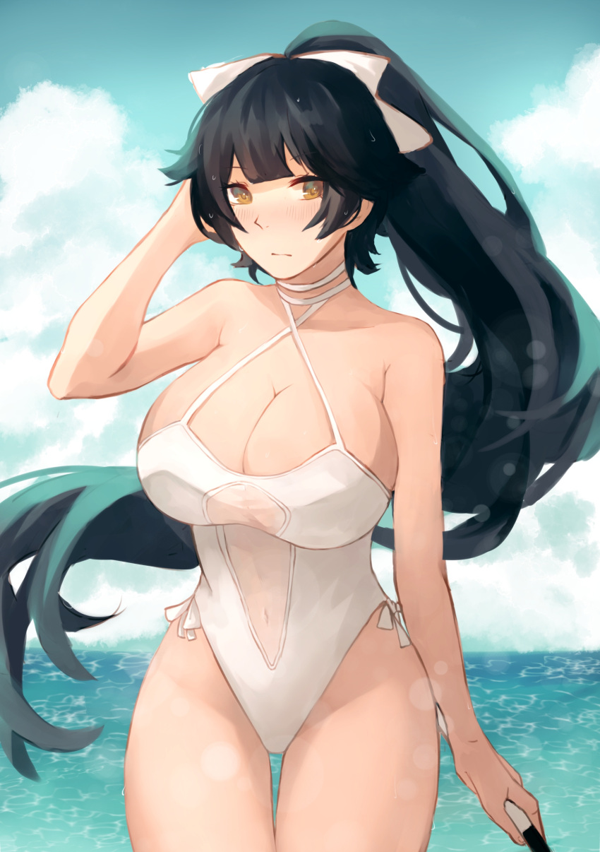 1girl absurdres ayaka_(user_vumz4832) azur_lane black_hair blue_sky bow breasts brown_eyes casual_one-piece_swimsuit clouds cowboy_shot criss-cross_halter halterneck highres horizon large_breasts long_hair look-alike looking_at_viewer navel_cutout ocean one-piece_swimsuit outdoors ponytail sky solo standing swimsuit takao_(azur_lane) takao_(beach_rhapsody)_(azur_lane) white_bow white_swimsuit