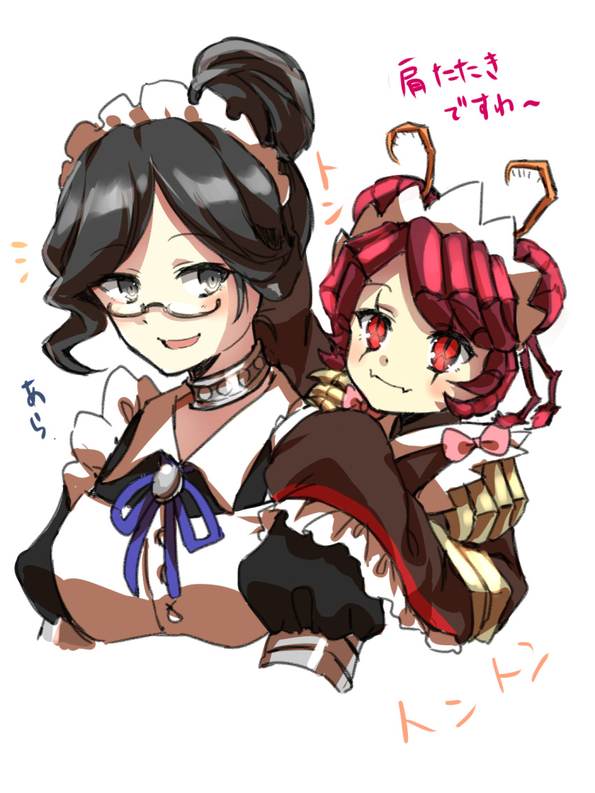 2girls antennae bangs bow bowtie collarbone dullahan entoma_vasilissa_zeta eyebrows_visible_through_hair frills glasses grey_eyes hair_between_eyes hand_up highres insect_girl japanese_clothes long_hair long_sleeves maid maid_headdress monster_girl multiple_girls ofuda_on_clothes open_mouth overlord_(maruyama) smile user_dznz5583 wide_sleeves yuri_alpha