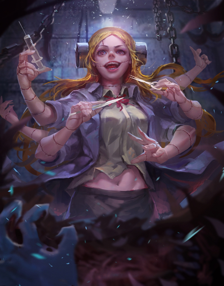 1girl bangs black_skirt blonde_hair bolt breasts commentary_request crazy_eyes crow_tian fang forehead franken_fran glasgow_smile highres labcoat lips madaraki_fran multiple_arms navel orange_eyes parted_bangs pov scalpel shirt skirt solo_focus stitches surgery syringe white_shirt