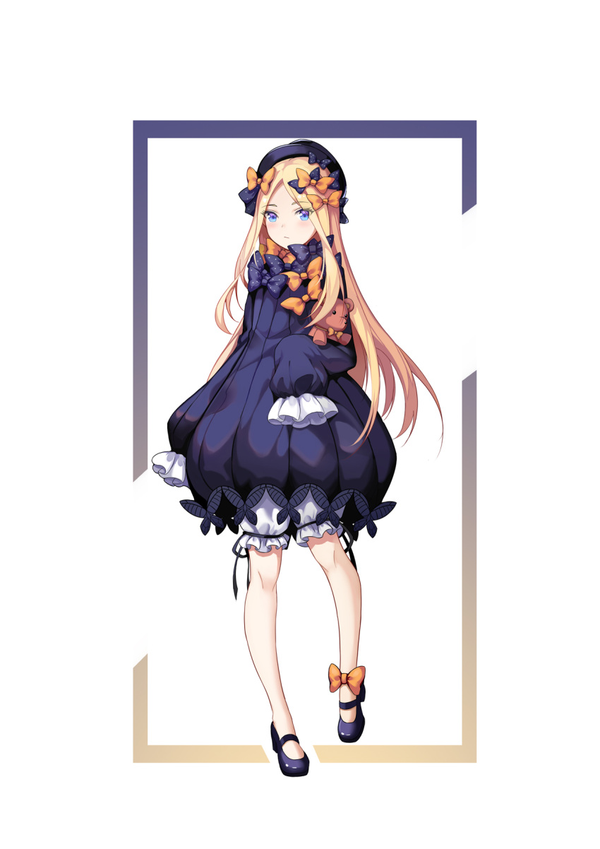 1girl abigail_williams_(fate/grand_order) bangs black_bow black_dress black_headwear blonde_hair blue_eyes blush bow commentary_request dress fate/grand_order fate_(series) flan_(f_l_an) full_body hair_bow hat highres long_hair long_sleeves looking_at_viewer orange_bow parted_bangs polka_dot polka_dot_bow sleeves_past_fingers sleeves_past_wrists solo stuffed_animal stuffed_toy teddy_bear very_long_hair