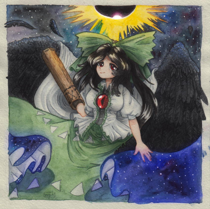 1girl arm_cannon bangs bird_wings black_hair blouse breasts cape eclipse hair_bow highres long_hair looking_at_viewer puffy_short_sleeves puffy_sleeves red_eyes short_sleeves skirt smile sun third_eye touhou traditional_art weapon white_cape white_shirt wings yuurenkyouko