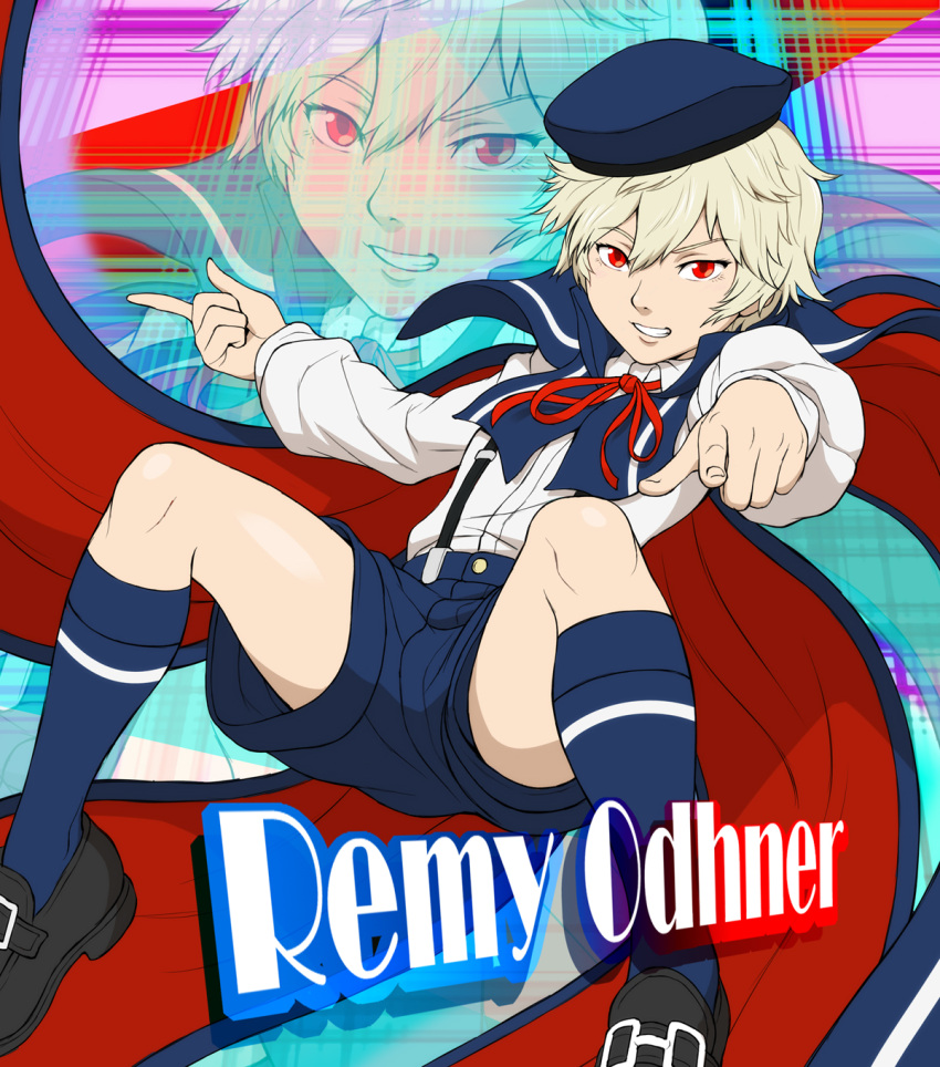 1boy blonde_hair cape character_name collared_shirt grin gunslinger_stratos hat highres loafers looking_at_viewer male_focus pointing pointing_at_viewer red_eyes remy_odhner ribbon shirt shoes shorts smile socks solo spread_legs suspenders white_shirt yamamiya_hiroshi zoom_layer
