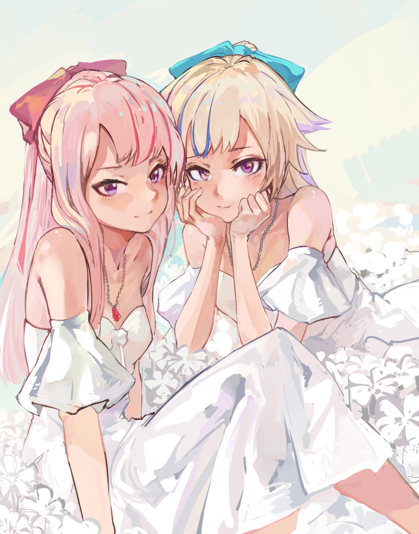 2girls alternate_costume bangs bare_shoulders blonde_hair blue_ribbon blush breasts closed_mouth collarbone commentary dress flower hair_ribbon highres himehina_channel jewelry looking_at_viewer multicolored_hair multiple_girls necklace pink_hair pink_ribbon ponytail ribbon sidelocks sitting small_breasts smile streaked_hair sundress suzuki_hina tanaka_hime violet_eyes virtual_youtuber white_dress z.boat