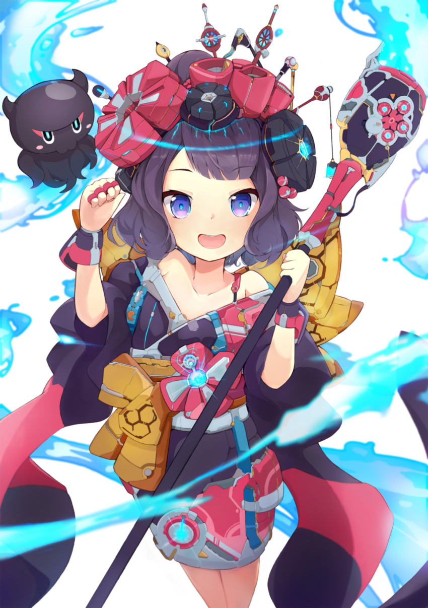 1girl :d absurdres animal bangs bare_shoulders black_kimono blue_eyes calligraphy_brush collarbone commentary_request eyebrows_visible_through_hair fate/grand_order fate_(series) glowing glowing_eyes hair_ornament highres holding holding_paintbrush japanese_clothes katsushika_hokusai_(fate/grand_order) kimono looking_at_viewer octopus off_shoulder open_mouth oversized_object paintbrush piliheros2000 purple_hair short_kimono short_sleeves simple_background smile tokitarou_(fate/grand_order) violet_eyes white_background wide_sleeves