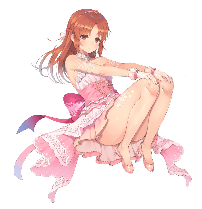 1girl abe_nana bare_shoulders blush braid brown_eyes brown_hair closed_mouth commission dress full_body gloves hair_ribbon hands_on_own_knees high_heels highres idolmaster idolmaster_cinderella_girls knees_up long_hair looking_at_viewer outstretched_arms pink_dress pink_footwear rangen ribbon see-through shoes simple_background smile solo strapless strapless_dress tiara very_long_hair white_background white_gloves white_ribbon