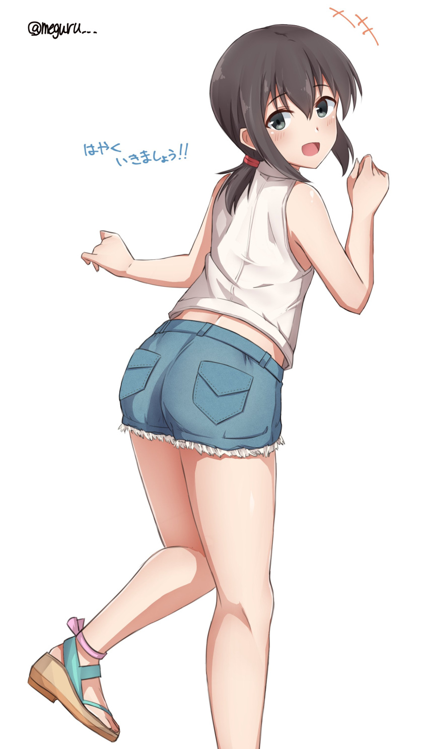 1girl absurdres alternate_costume ass black_eyes black_hair blue_shorts casual commentary_request cutoffs denim denim_shorts from_behind fubuki_(kantai_collection) highres kantai_collection looking_at_viewer looking_back low_ponytail meguru_(megurunn) open_toe_shoes ponytail shirt short_ponytail short_shorts shorts sidelocks simple_background sleeveless sleeveless_shirt solo translated twitter_username white_background white_shirt