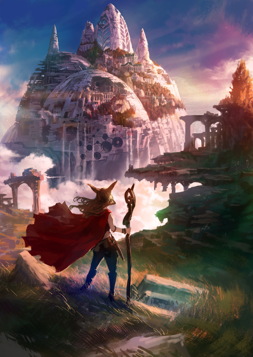 1other absurdres arch brown_hair building cape cliff clouds commentary_request day facing_away fantasy grass highres holding holding_staff long_hair original outdoors pants red_cape ruins scenery sheath sheathed sky solo staff stone sunlight tree water waterfall wind you_shimizu