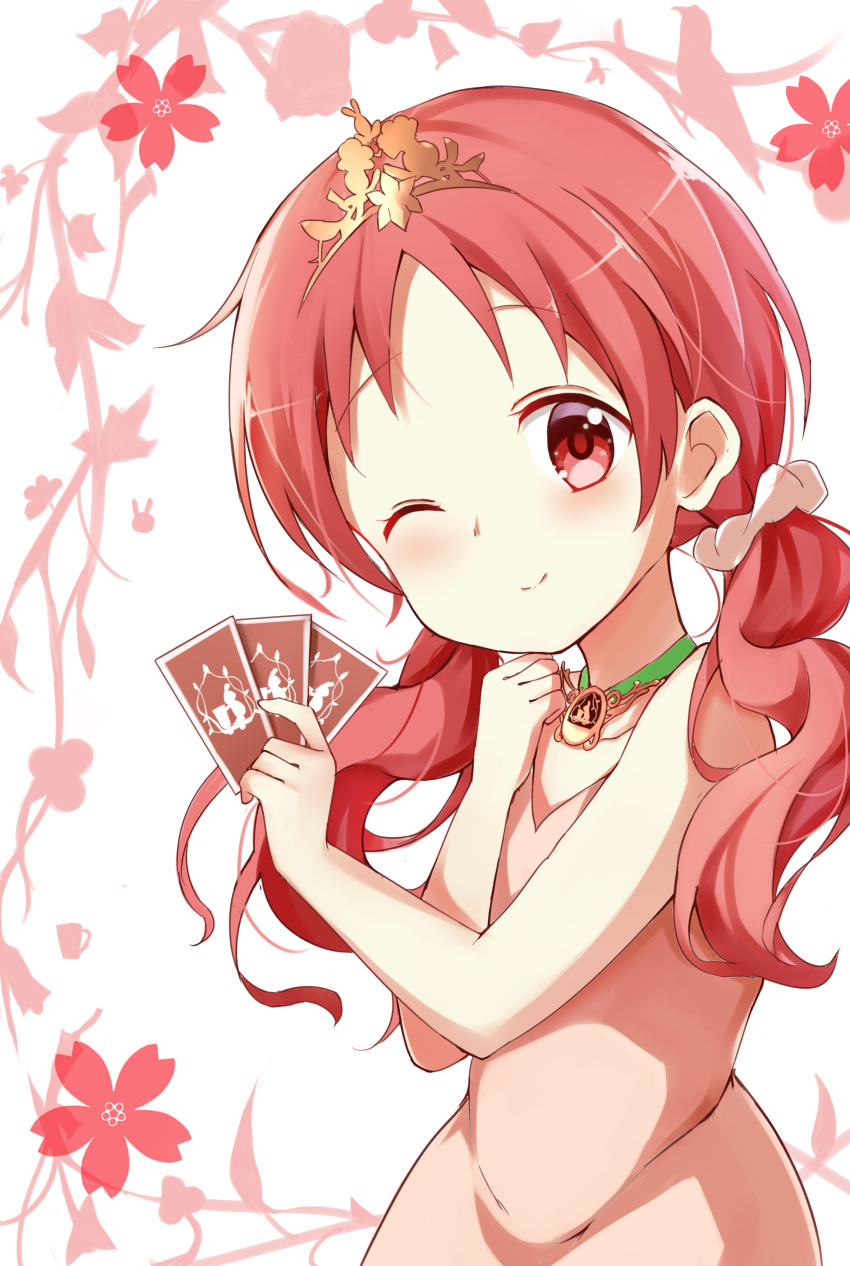 1girl ;) absurdres bangs bare_arms bare_shoulders blush card closed_mouth dress eyebrows_visible_through_hair floral_background gochuumon_wa_usagi_desu_ka? hair_ornament hair_scrunchie hands_up highres holding holding_card long_hair low_twintails natsu_megumi one_eye_closed pink_dress red_eyes redhead scrunchie sleeveless sleeveless_dress smile solo stick_jitb tiara twintails upper_body white_background white_scrunchie