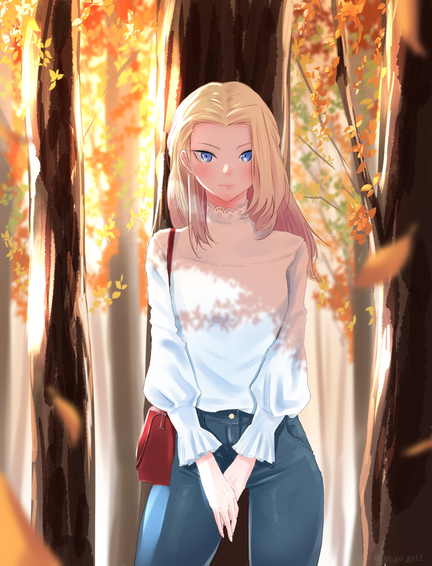 1girl absurdres autumn autumn_leaves blonde_hair blue_eyes blue_pants blurry blurry_background blurry_foreground carrying casual clara_(girls_und_panzer) closed_mouth commentary_request dappled_sunlight day denim expressionless girls_und_panzer hands_together high_collar highres jeans leaf long_hair long_sleeves looking_at_viewer outdoors oze_(xyz_go_go11) pants partial_commentary pursed_lips shirt solo standing sunlight tree_shade white_shirt