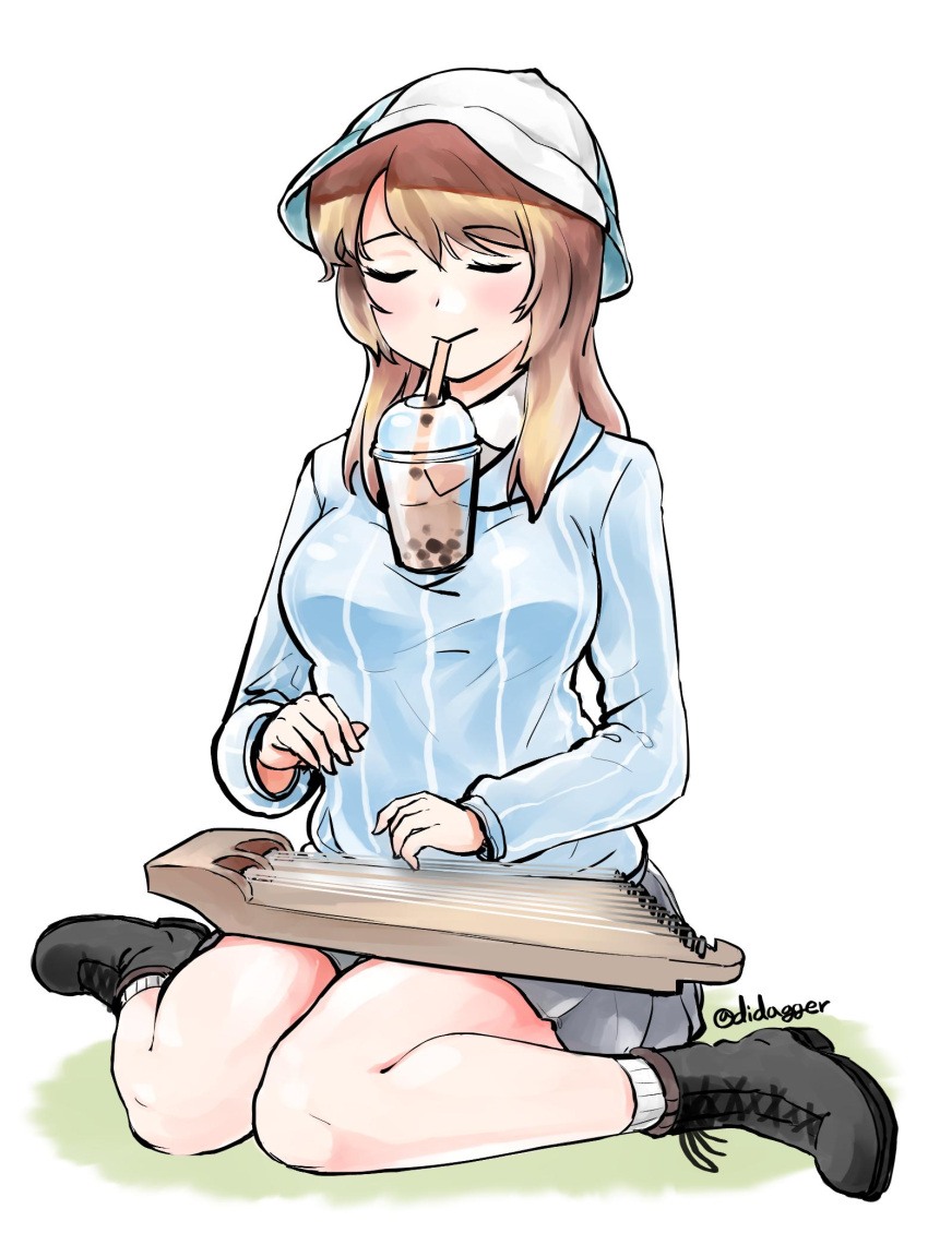 1girl ankle_boots blue_footwear blue_headwear blue_shirt blush boots brown_eyes brown_hair bubble_tea bubble_tea_challenge closed_eyes commentary cup didagger disposable_cup dress_shirt drinking drinking_straw drinking_straw_in_mouth eyebrows_visible_through_hair full_body girls_und_panzer grey_legwear grey_skirt hat highres holding holding_instrument instrument kantele keizoku_school_uniform kneehighs long_hair long_sleeves mika_(girls_und_panzer) miniskirt object_on_breast pleated_skirt school_uniform shirt sitting skirt socks solo striped striped_shirt twitter_username vertical-striped_shirt vertical_stripes wariza white_background white_shirt