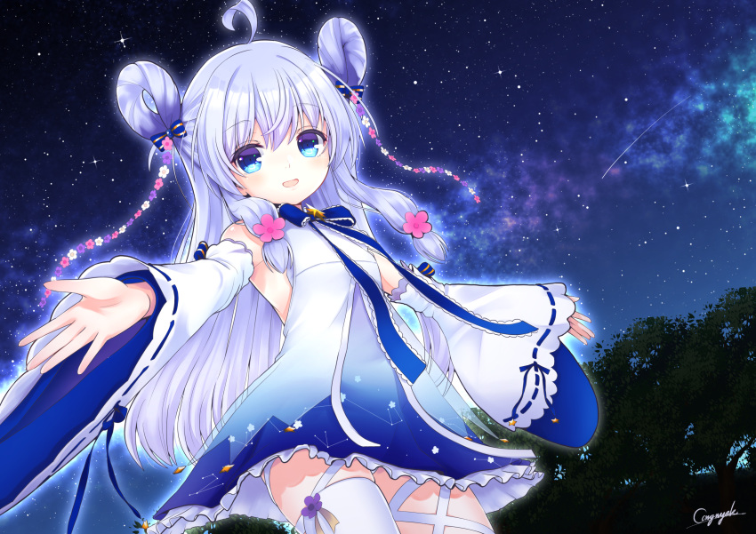 1girl :d ahoge blue_bow blue_dress blue_eyes bow bowtie cowboy_shot detached_sleeves dress flower flower_knight_girl gradient_dress hair_bow hair_flower hair_ornament hair_rings highres konnyaku_(kohoshien) long_hair looking_at_viewer night open_mouth outdoors outstretched_arms signature smile solo spread_arms sutera_(flower_knight_girl) thigh-highs white_dress white_hair white_legwear white_sleeves