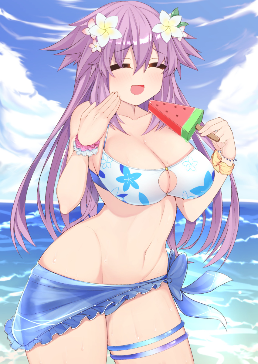 1girl adult_neptune bikini blush breasts closed_eyes clouds dura eyebrows_visible_through_hair flower food hair_between_eyes hair_flower hair_ornament highres holding holding_food hot large_breasts long_hair navel neptune_(series) ocean open_mouth outdoors popsicle purple_hair scrunchie shin_jigen_game_neptune_vii sky smile solo swimsuit thigh_strap very_long_hair water watermelon_bar wet wrist_scrunchie