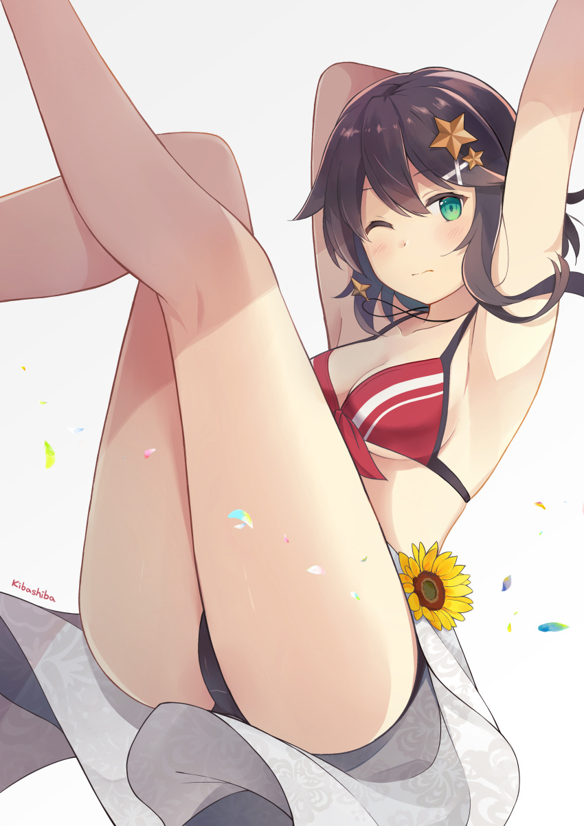 1girl absurdres aqua_eyes armpits arms_up artist_name bangs bikini blush breasts brown_hair collarbone crotch_seam floral_print flower flower_ornament hair_between_eyes hair_ears hair_ornament highres kibashiba kneepits legs_up long_hair looking_at_viewer medium_breasts one_eye_closed original petals sarong shade sidelocks simple_background solo star star_hair_ornament sunflower swimsuit under_boob