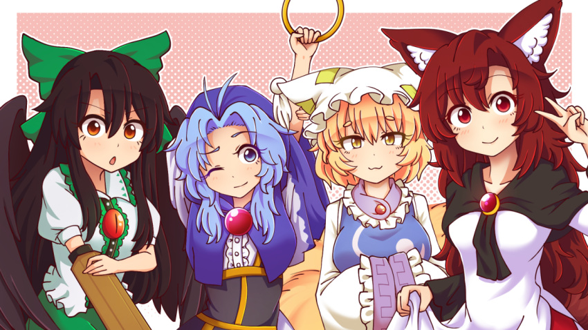 4girls :3 ;) animal_ear_fluff animal_ears antenna_hair arm_cannon arms_up bangs black_dress black_hair black_wings blonde_hair blue_capelet blue_eyes blue_hair blush border bow breasts brooch brown_eyes brown_hair capelet center_frills collarbone commentary dress english_commentary eyebrows_visible_through_hair eyelashes feathered_wings forehead fox_tail frilled_shirt_collar frills green_bow green_skirt hair_between_eyes hair_bow halftone halftone_background hand_up hat head_tilt holding hood hooded_capelet imaizumi_kagerou jewelry kesa kumoi_ichirin large_breasts long_hair looking_at_viewer medium_breasts multiple_girls multiple_tails one_eye_closed open_mouth outline outside_border pillow_hat pink_background puffy_short_sleeves puffy_sleeves red_eyes reiuji_utsuho ring shirt short_sleeves sidelocks skirt skirt_hold smile tabard tail thick_eyebrows touhou upper_body v weapon white_border white_dress white_headwear white_outline white_shirt wings wolf_ears wool_(miwol) yakumo_ran yellow_eyes