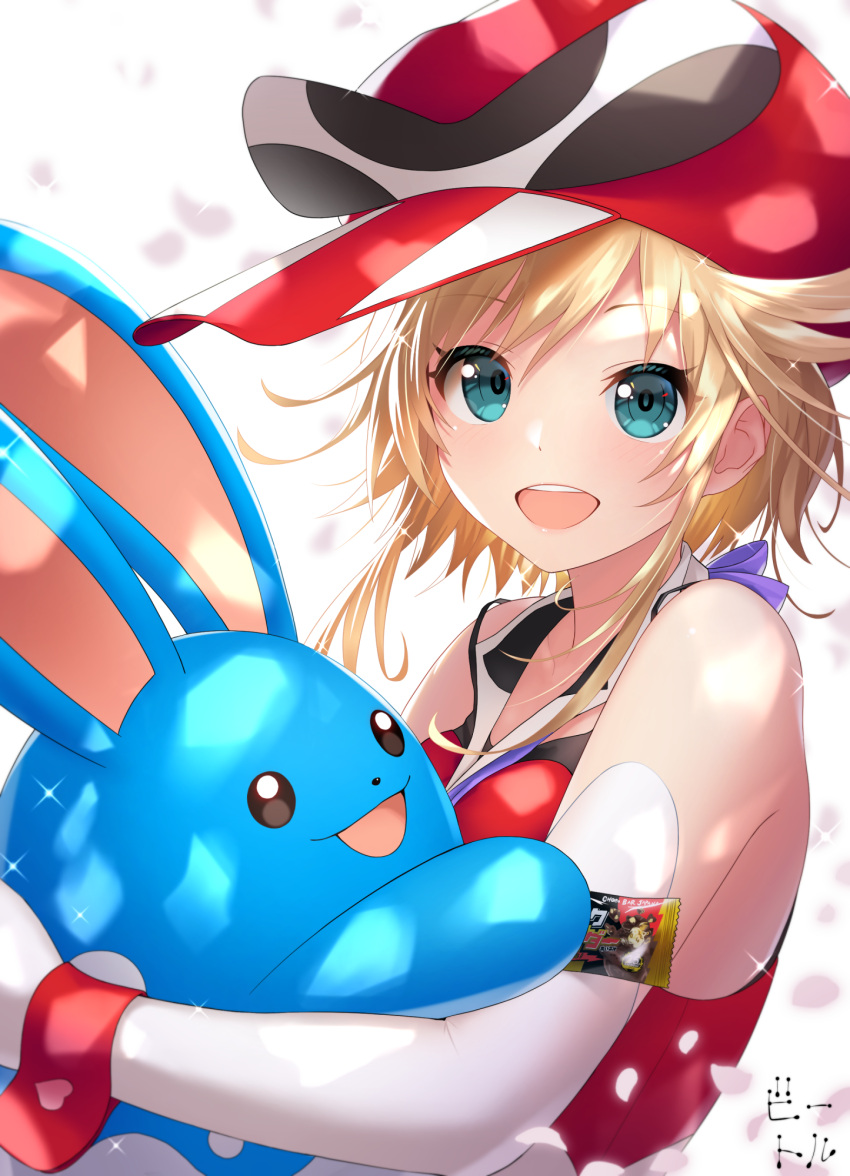 1girl :d azumarill bettle_(b_s_a_n) black_eyes blue_eyes gen_2_pokemon hat highres holding holding_pokemon looking_at_viewer medium_hair open_mouth pokemon pokemon_(creature) red_headwear simple_background smile standing virtual_youtuber white_background wrist_cuffs yatterman