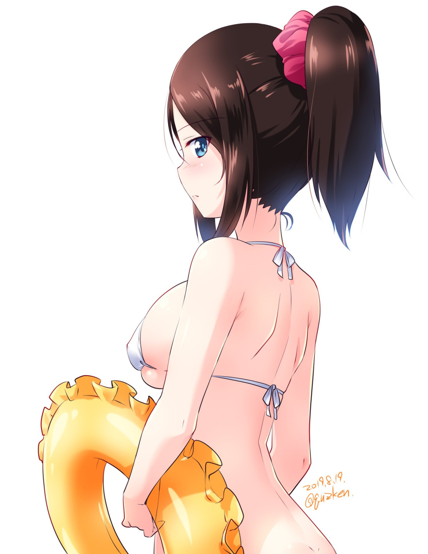 10s 1girl 2019 actas_(studio) alternate_hairstyle back bangs bikini black_hair blue_eyes breasts closed_mouth commentary cowboy_shot dated expressionless from_behind girls_und_panzer hair_ornament hair_scrunchie hair_up highres holding holding_innertube innertube kuzuryuu_kennosuke light_frown looking_at_viewer media_factory medium_breasts medium_hair nonna pink_scrunchie scrunchie simple_background skindentation solo swept_bangs swimsuit twitter_username white_background white_bikini