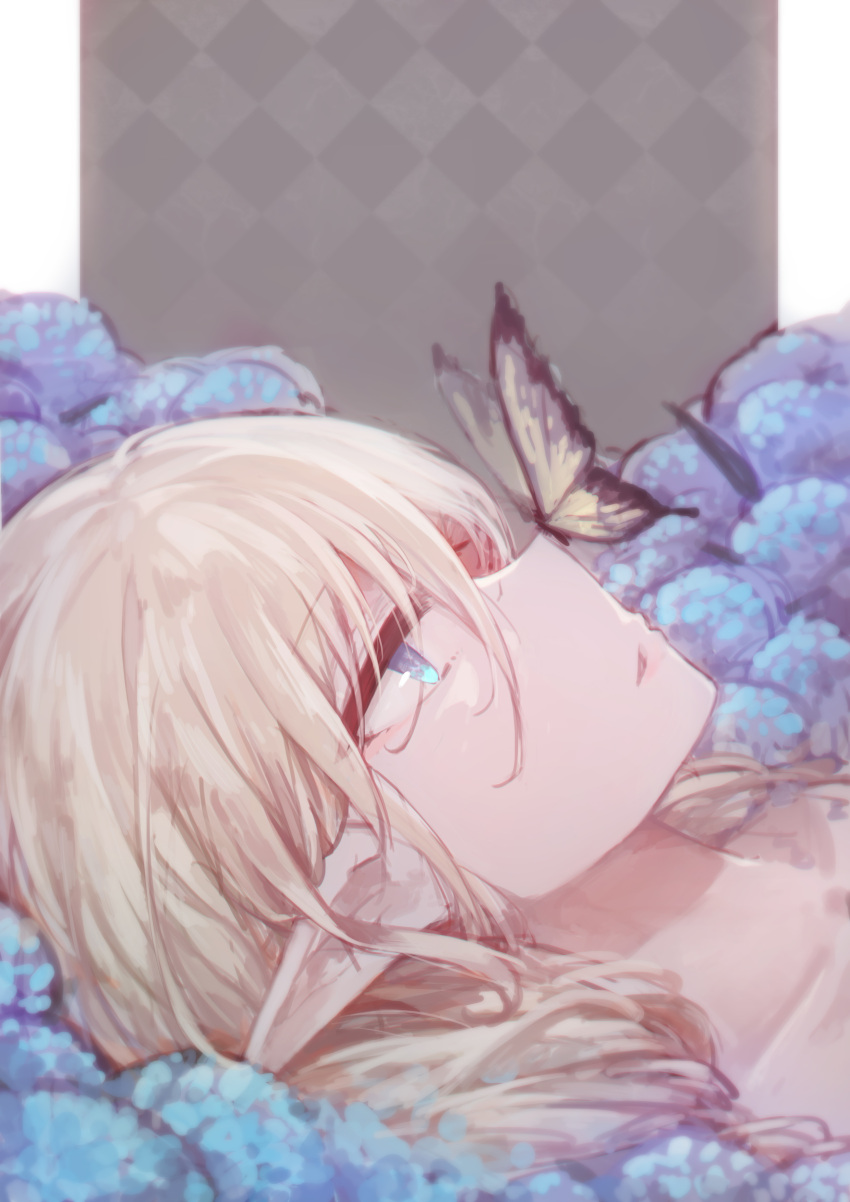 1girl absurdres aqua_eyes blonde_hair blue_flower bug butterfly butterfly_on_head expressionless flower highres insect long_hair looking_up lying on_back open_mouth original pointy_ears sidelocks solo yukineko
