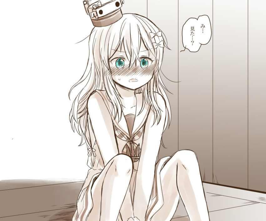 1girl anchor arms_between_legs bangs bare_shoulders blush bow collarbone commentary_request crying crying_with_eyes_open dress folded_leg grecale_(kantai_collection) green_eyes hair_between_eyes hair_bow hair_ornament hat highres indoors kantai_collection looking_at_viewer mini_hat monochrome sailor_collar sailor_dress side-tie_dress sitting sleeveless sleeveless_dress solo sorata_(sorairo_honpo) speech_bubble spot_color tears tilted_headwear translated triangle_mouth wooden_floor wooden_wall