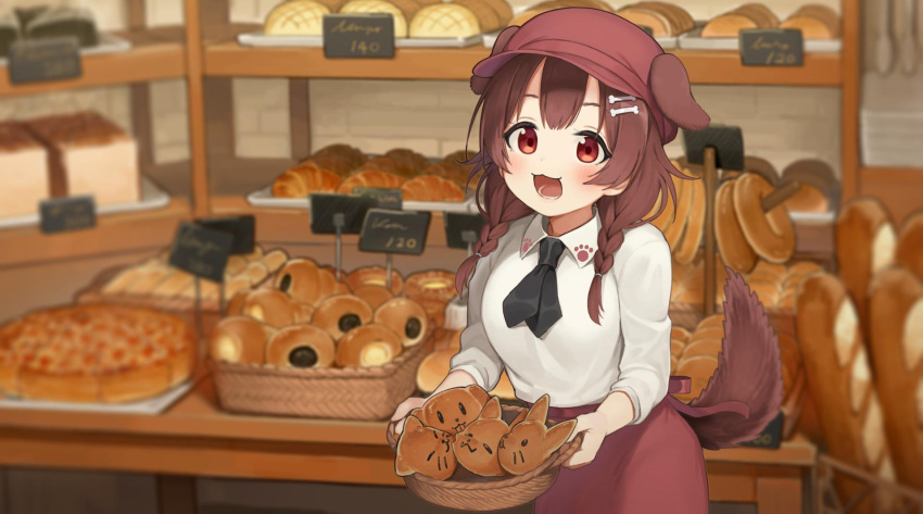 1girl alternate_costume animal_ears basket blurry blurry_background bone_hair_ornament braid bread brown_hair commentary_request dog_ears dog_tail food hair_between_eyes hat highres hololive inugami_korone medium_hair open_mouth red_eyes seramikku solo tail twin_braids virtual_youtuber