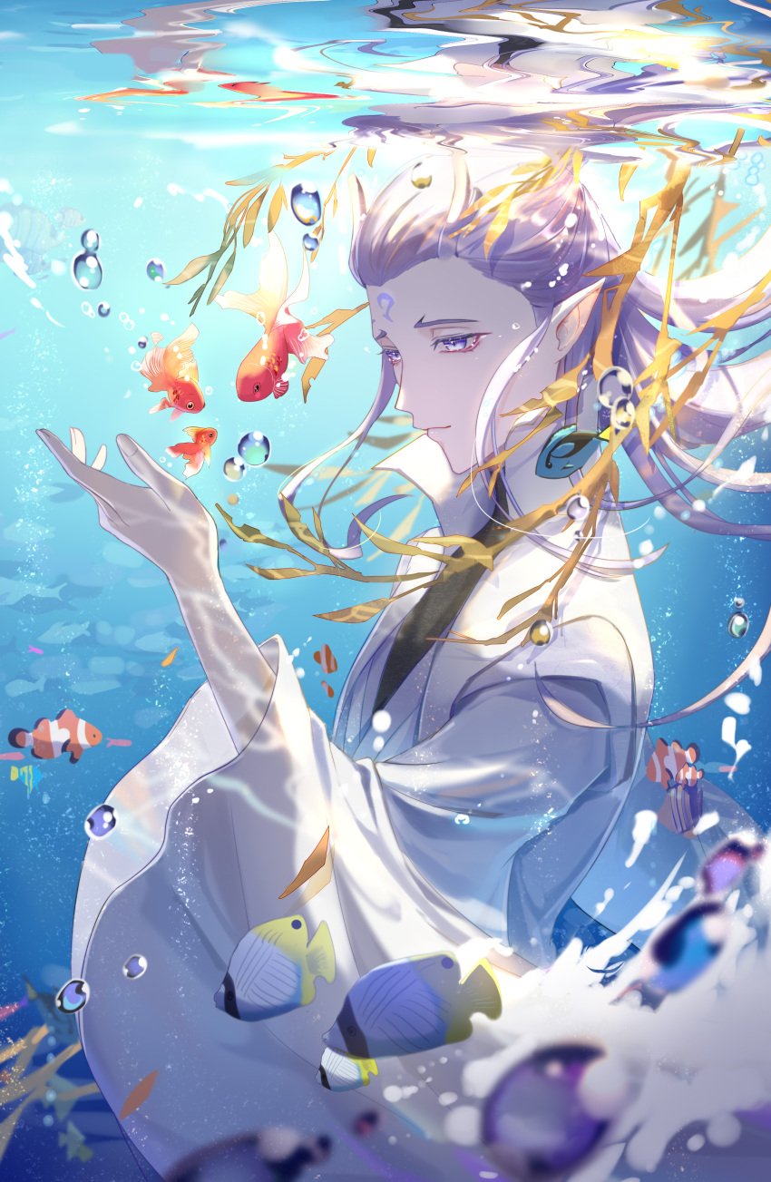 1boy absurdres air_bubble ao_bing blurry_foreground bubble byuey chinese_clothes clownfish day fish highres horns lavender_hair long_hair male_focus ne_zha_(2019_movie) outdoors pointy_ears school_of_fish sidelocks solo sunlight tropical_fish underwater violet_eyes wide_sleeves