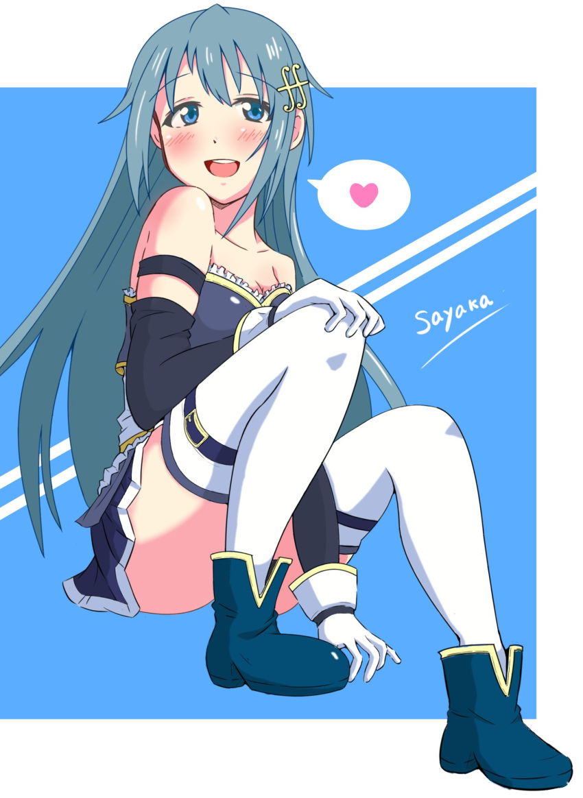 1girl bare_shoulders between_legs blue_background blue_eyes blue_hair blush border character_name detached_sleeves gloves hand_between_legs highres looking_at_viewer mahou_shoujo_madoka_magica mahou_shoujo_madoka_magica_movie miki_sayaka smile solo tanuki_(naito7110) thigh-highs thighs white_border white_gloves white_legwear
