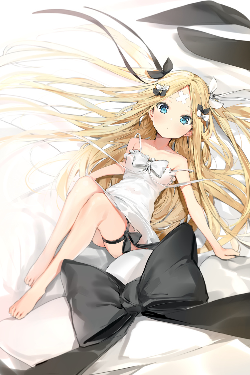1girl abigail_williams_(fate/grand_order) absurdres bandaid_on_forehead bangs bare_arms bare_shoulders barefoot bed_sheet black_bow black_ribbon blonde_hair blue_eyes blush bow breasts closed_mouth collarbone commentary_request covered_navel crossed_bandaids dress dutch_angle fate/grand_order fate_(series) forehead from_above hair_bow hair_ribbon hair_spread_out highres knees_up legs long_hair looking_at_viewer lying on_back parted_bangs polka_dot polka_dot_bow revision ribbon silver_(chenwen) sleeveless sleeveless_dress small_breasts solo strap_slip thigh_ribbon thighs very_long_hair white_bow white_dress white_ribbon