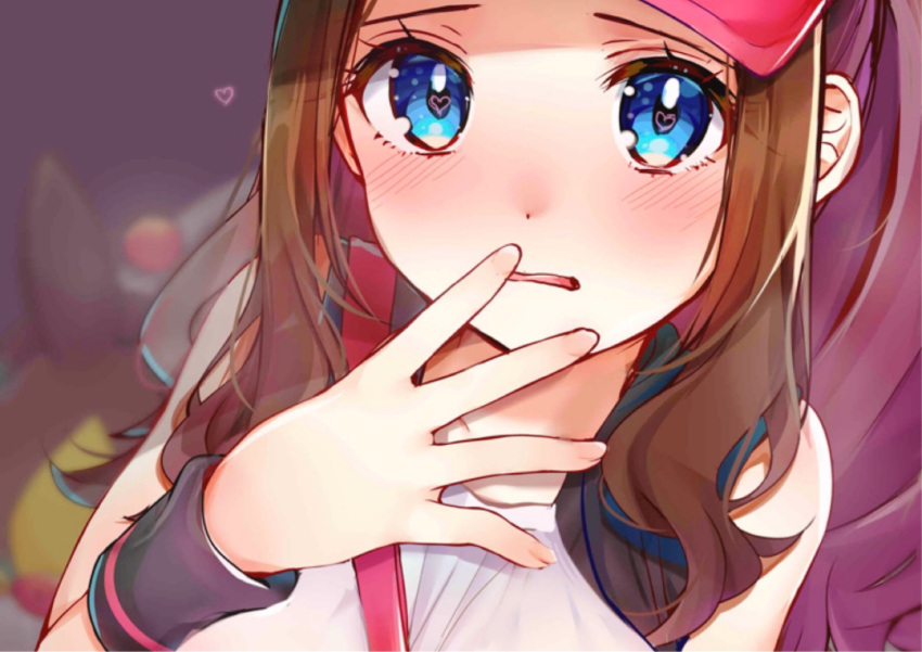 1girl bangs bare_shoulders baseball_cap between_breasts blue_eyes blurry blurry_background blush breasts brown_hair commentary_request face hat heart heart_in_eye long_hair looking_at_viewer parted_lips pokemon pokemon_(creature) ponytail rouka_(akatyann) shirt solo_focus symbol_in_eye touko_(pokemon) white_shirt