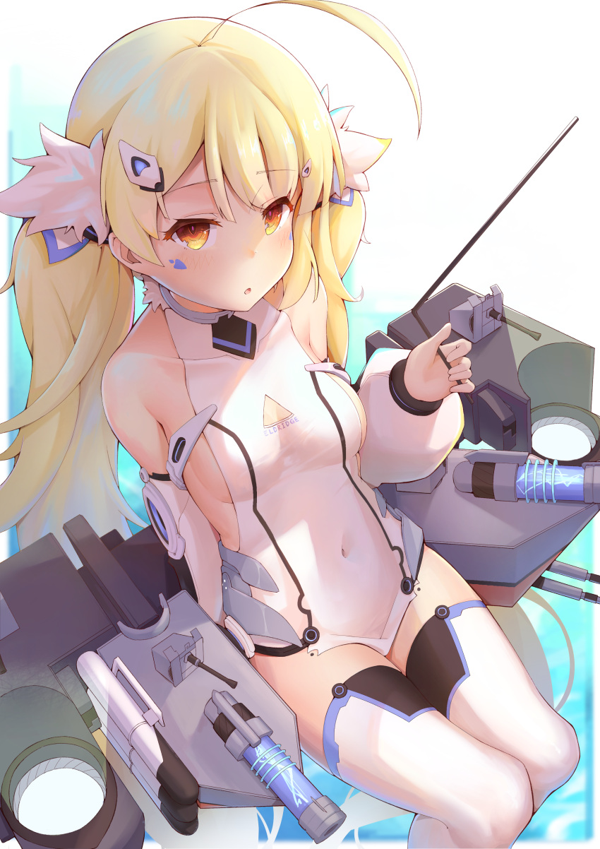 1girl :o absurdres ahoge azur_lane bangs bare_shoulders blonde_hair breasts cannon collarbone commentary_request covered_navel detached_sleeves eldridge_(azur_lane) eyebrows_visible_through_hair highres huge_ahoge long_hair looking_at_viewer navel open_mouth orange_eyes rigging sideboob sitting small_breasts solo tabard thigh-highs thighs twintails white_legwear yukikiri